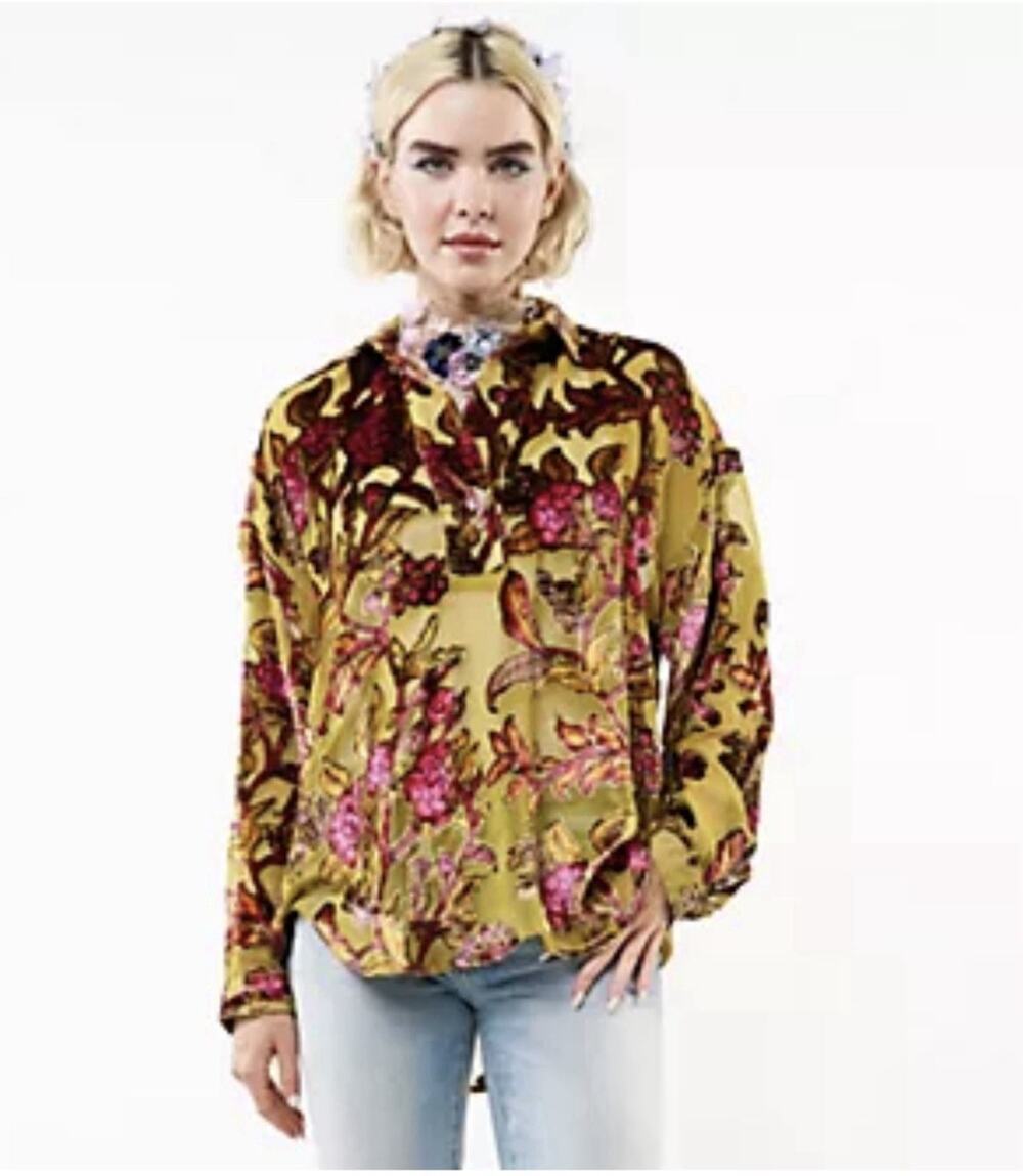 Aratta Silent Journey Green Pink Floral Sheer Velvet Burnout Holiday Jewels Top